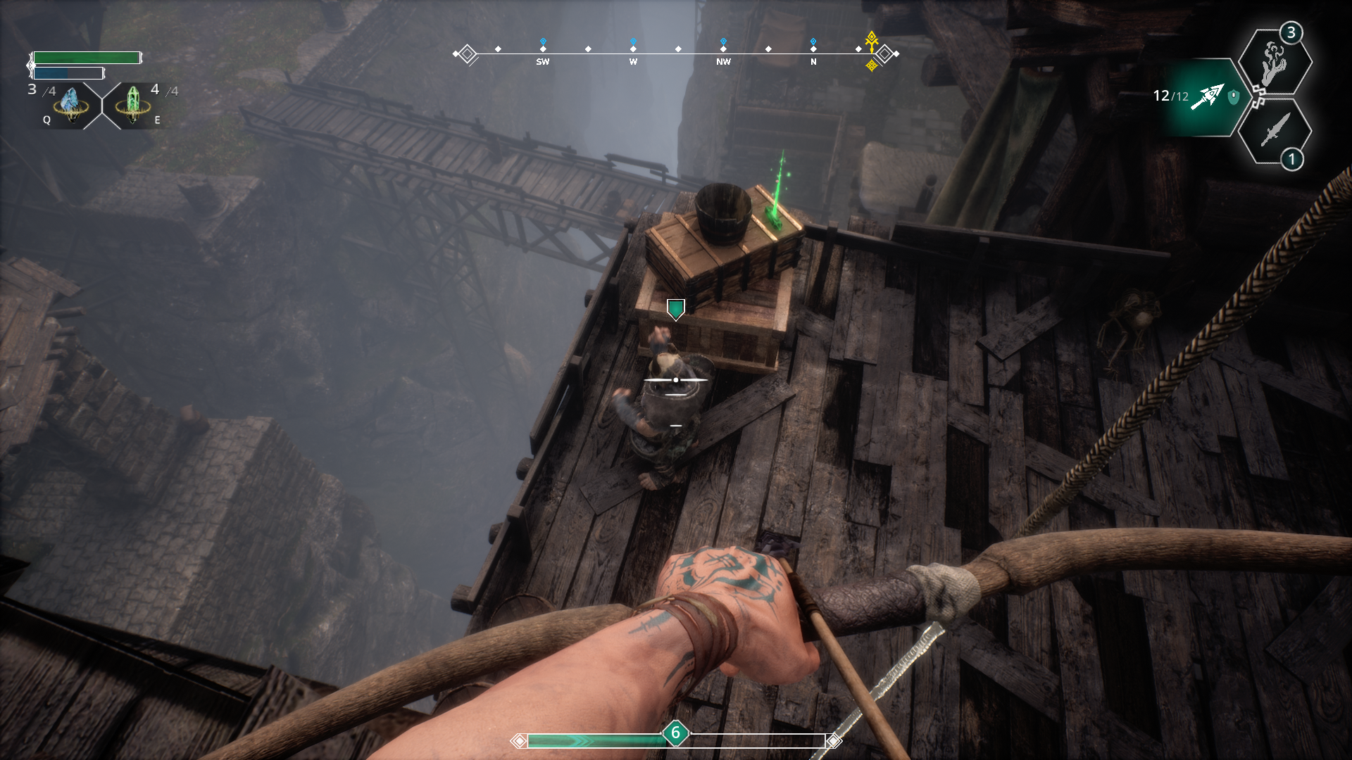 First-person bow gameplay in a vertical rocky environment