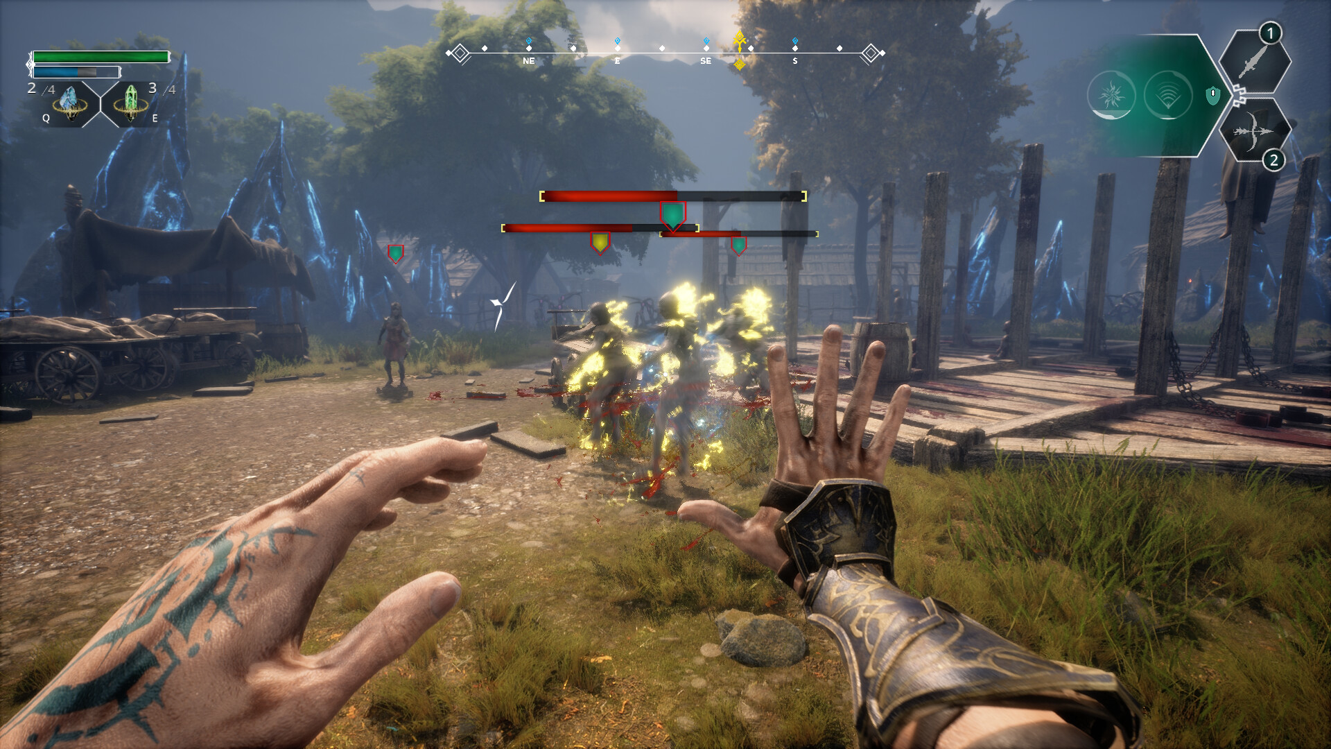 First-person combat against a crowd of enemies