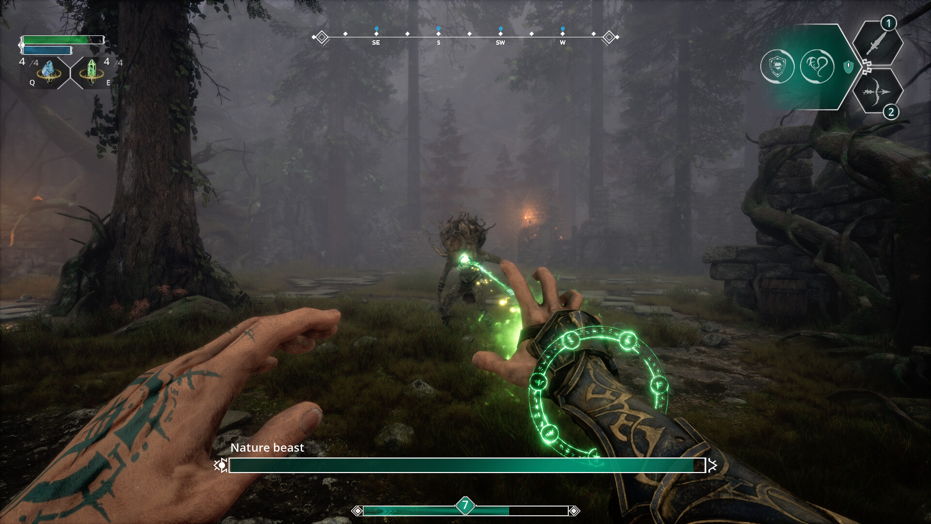 Combat encounter with a creature in a forest environment