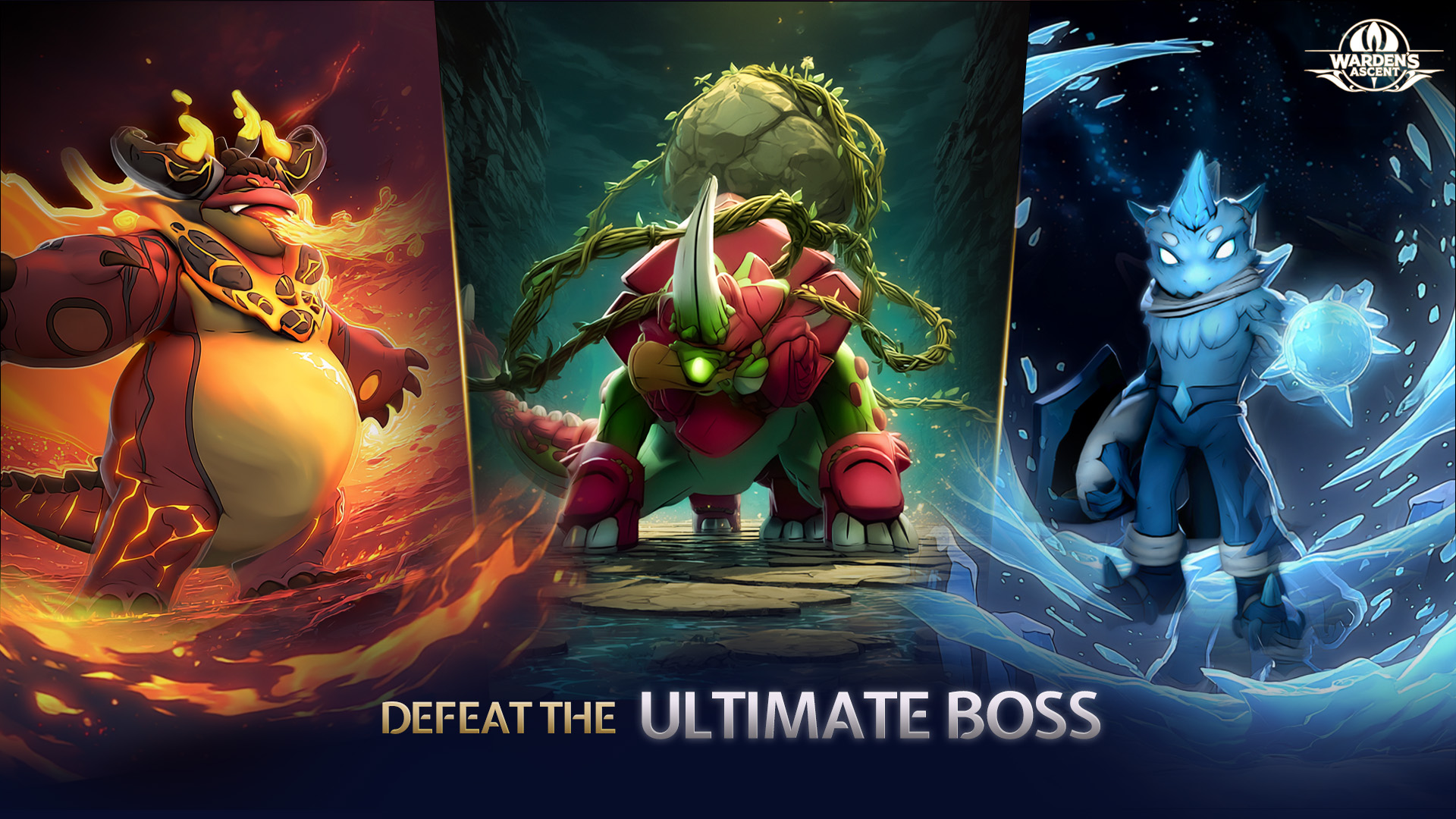 Three elemental boss characters from Warden’s Ascent